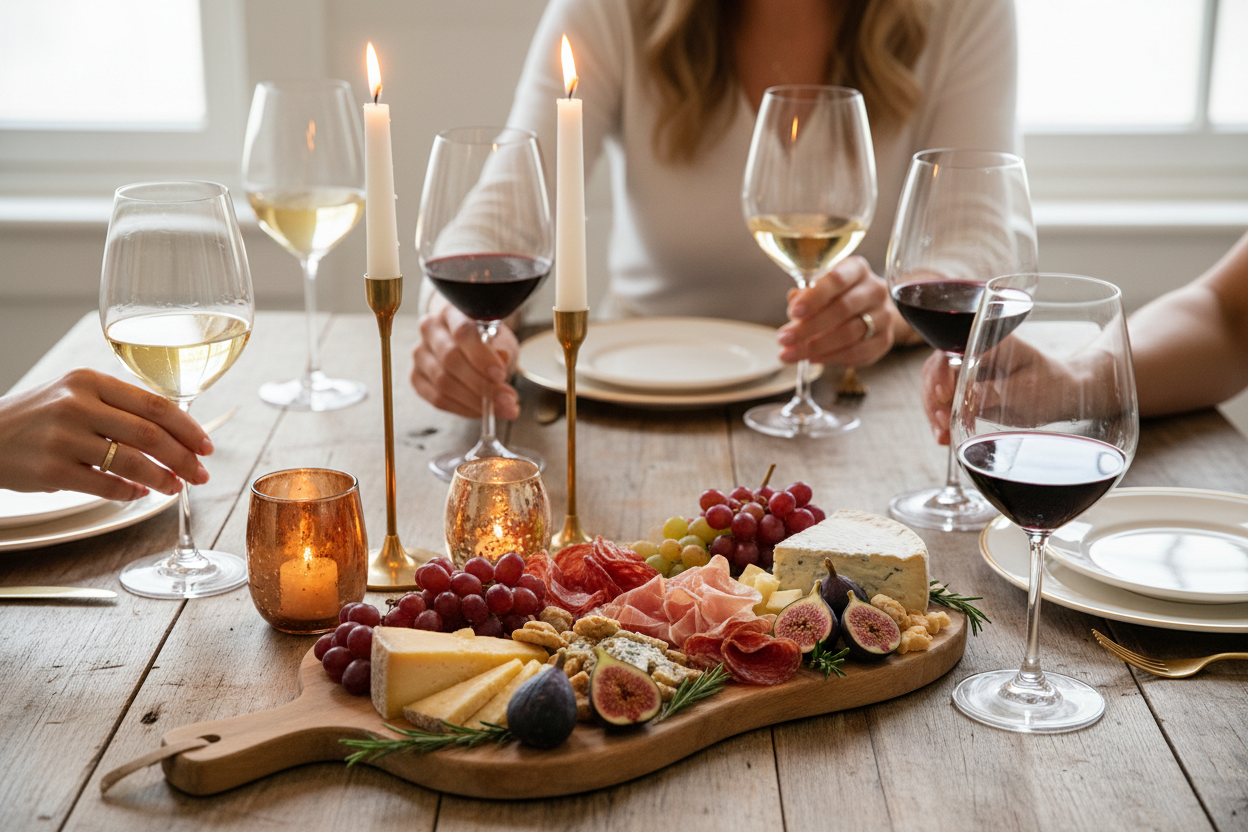 A beautifully styled wine tasting setup with multiple glasses, charcuterie board, and warm candlelight