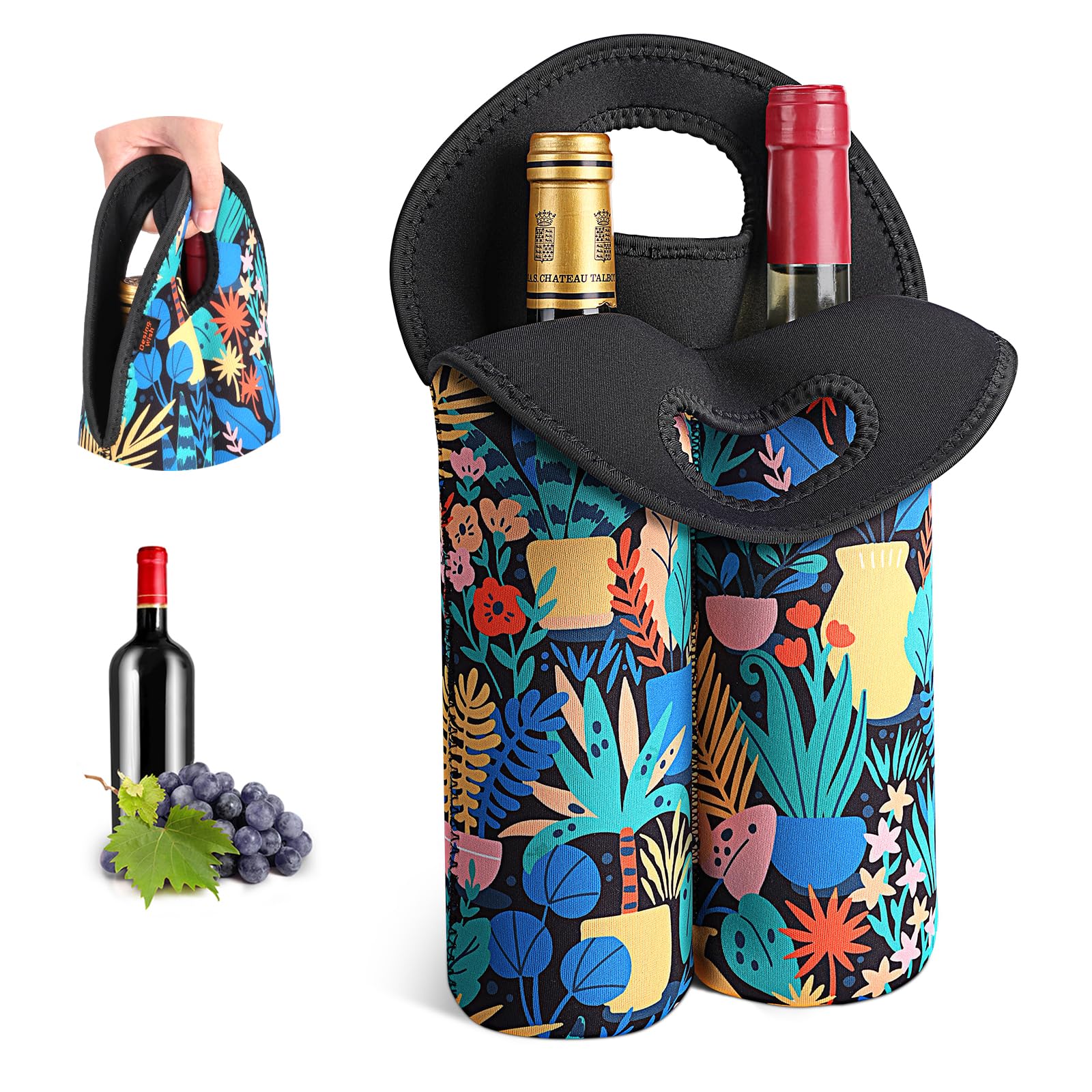 Whacky Wino Duo Cooler insulated wine bag with rainforest design, holding two bottles for wine transport and cooling.