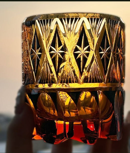 Handmade Crystal God's Eye wine glass by Whacky Wino featuring a colorful, intricate crystal eye design on clear glass.