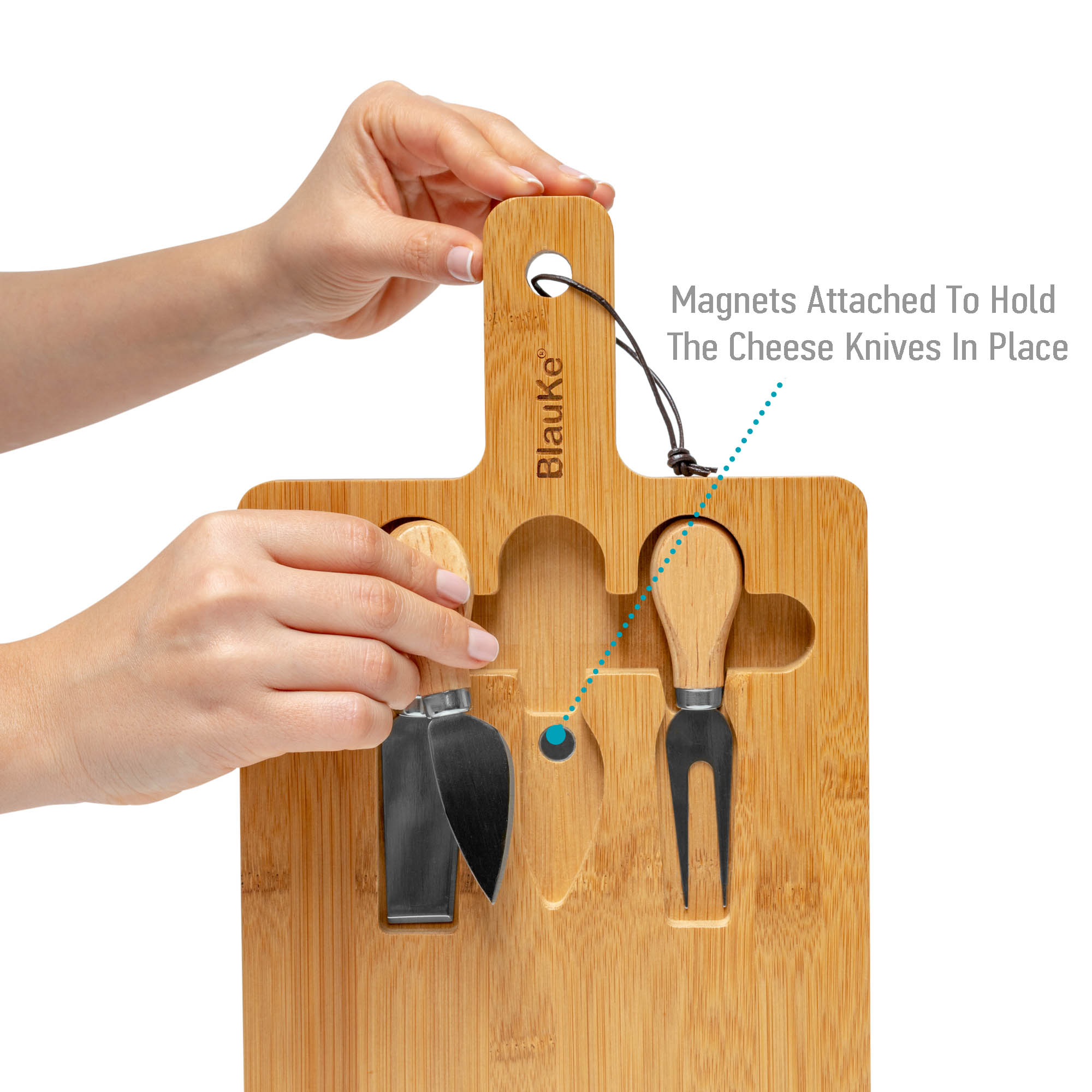 Bamboo charcuterie board with magnetic cutlery storage, measuring 12x8 inches, by Whacky Wino, featuring cheese knives and snacks.