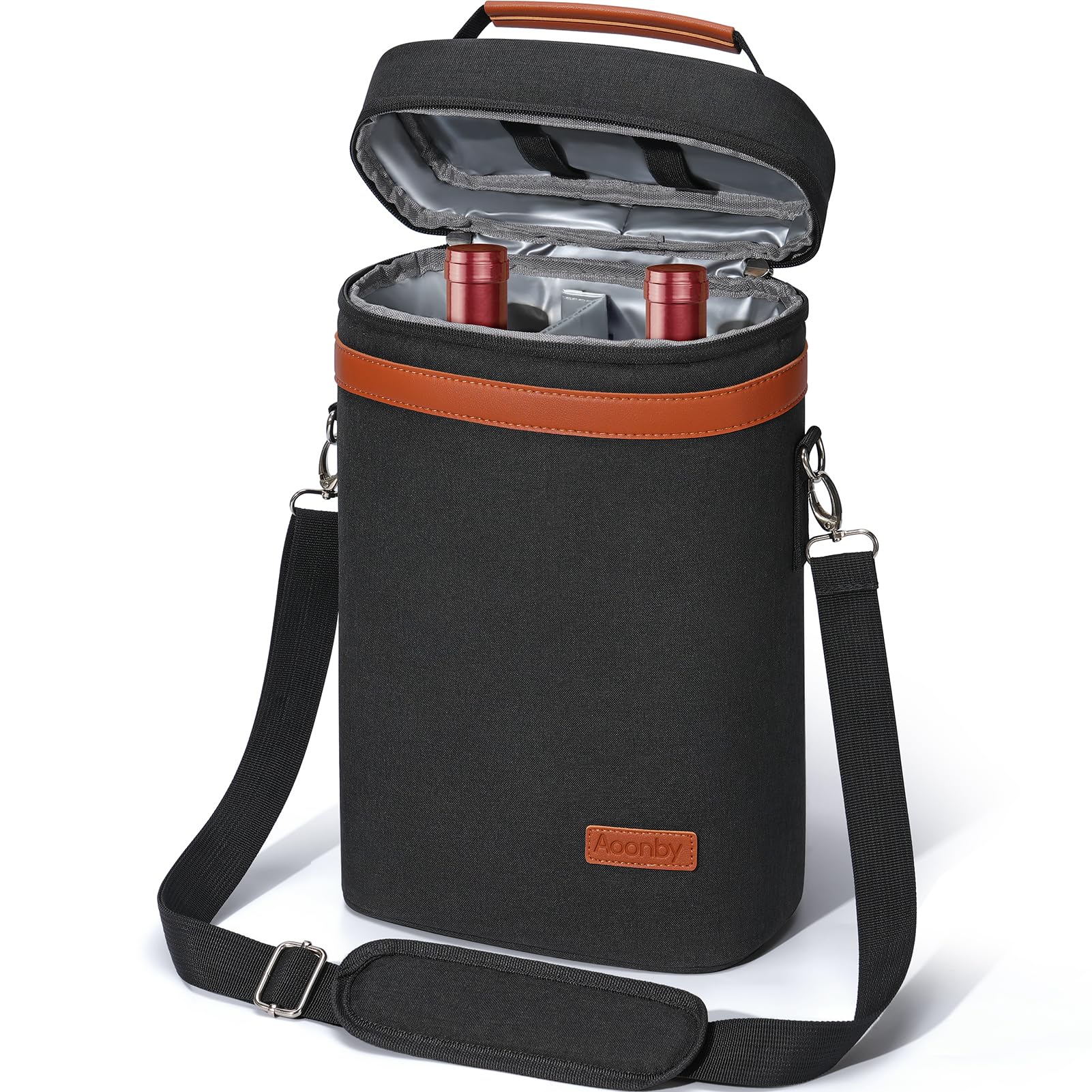 Black Whacky Wino Classic Carrier insulated wine tote bag holding two wine bottles, with a sleek design and sturdy handles.
