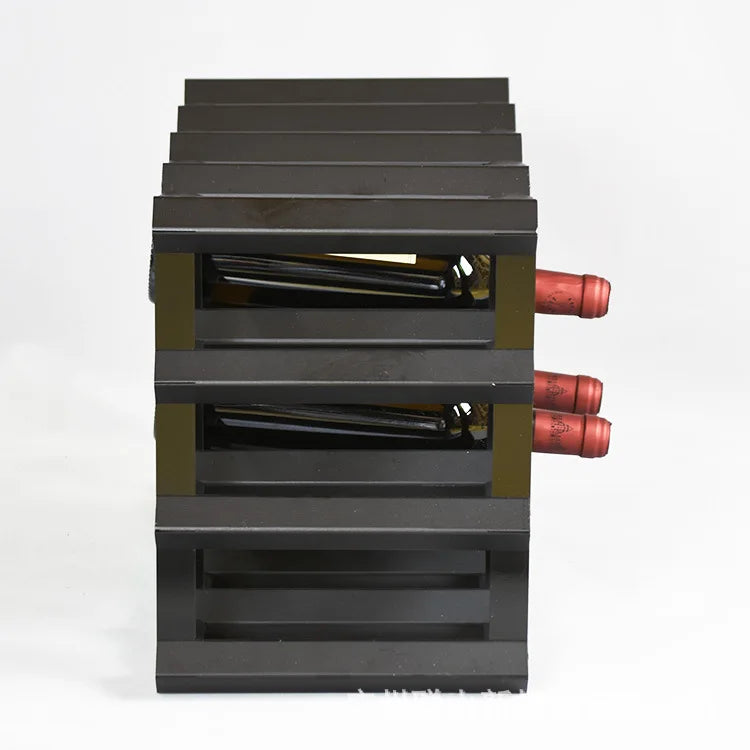 Modular square wine rack by Whacky Wino featuring pine wood shelves and a black metal frame for stylish wine storage