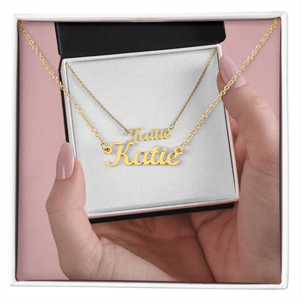 Gold or silver personalized name necklace in cursive script, featuring custom lettering, jewelry piece by ShineOn Fulfillment.