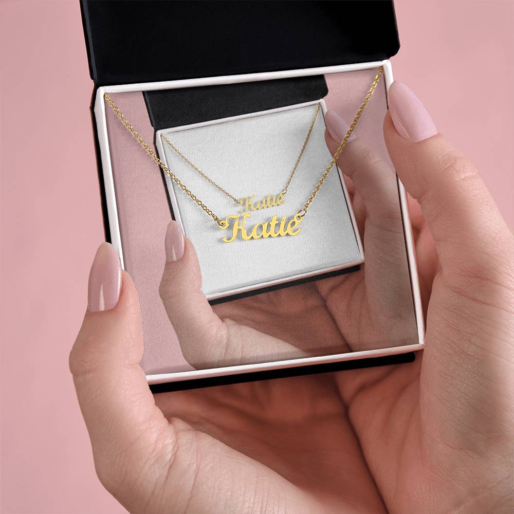Gold or silver personalized name necklace in cursive script, showcasing ShineOn Fulfillment jewelry on a neutral background.
