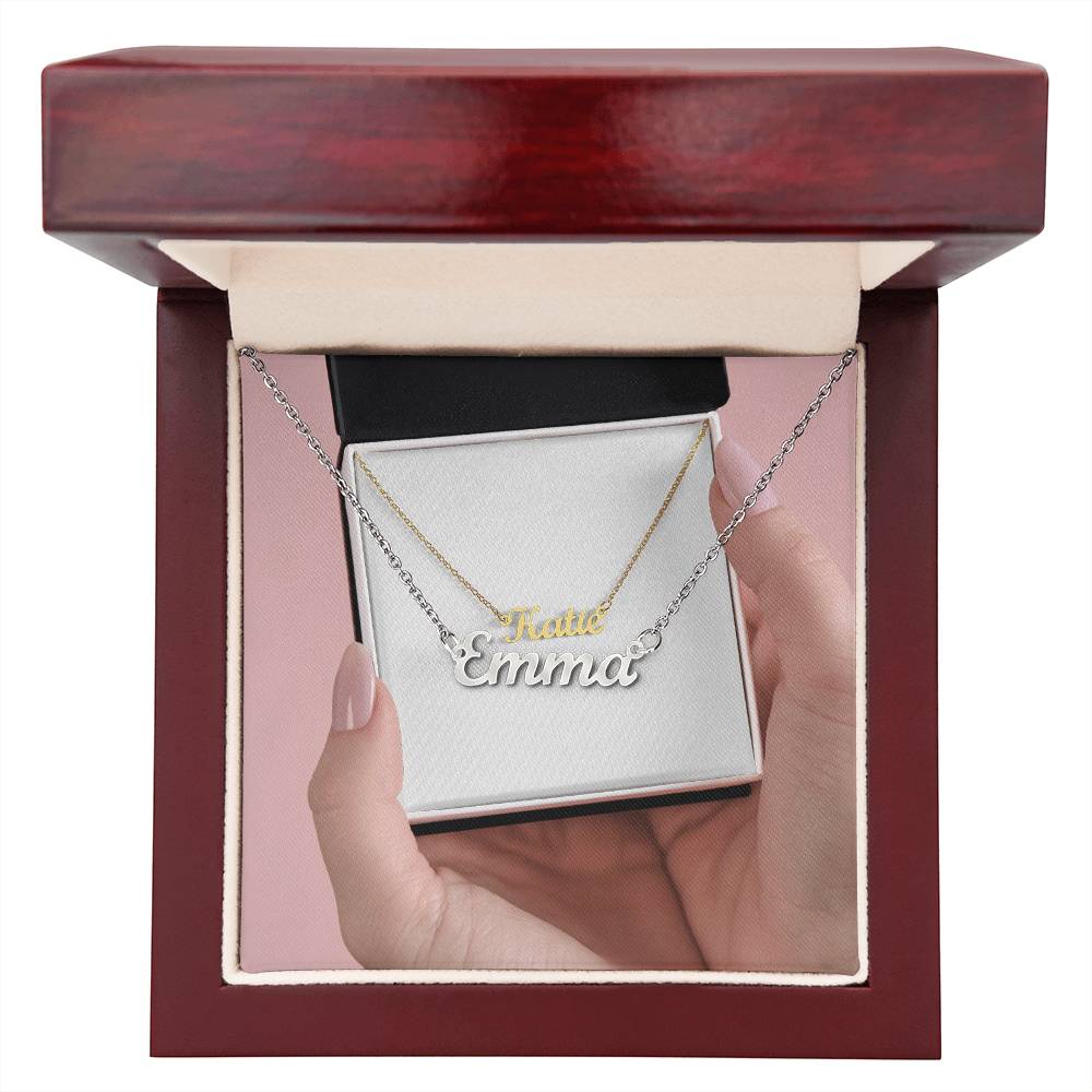 Gold or silver personalized name necklace in cursive script, showcasing elegant jewelry design by ShineOn Fulfillment.