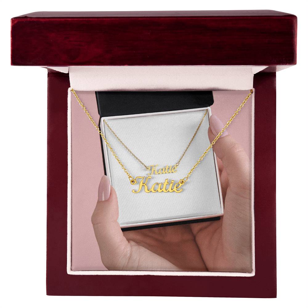 Personalized gold or silver name necklace with cursive script, showcasing ShineOn Fulfillment jewelry on a white background.