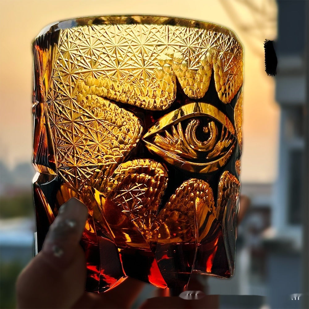 Handmade Crystal God's Eye wine glass by Whacky Wino with intricate crystal eye design and clear glass bowl.