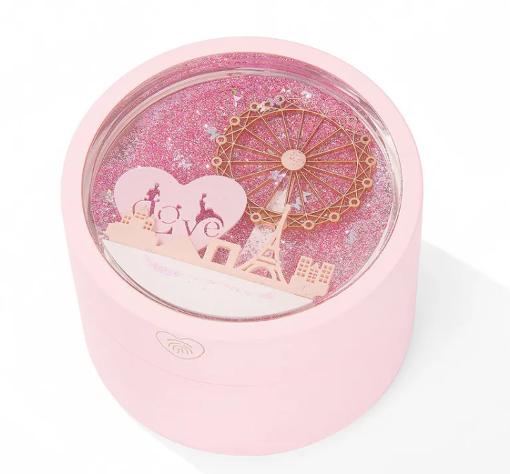 Whacky Wino Wheel Jewelry Box in polished wood with multiple compartments for storing rings, necklaces, and earrings.