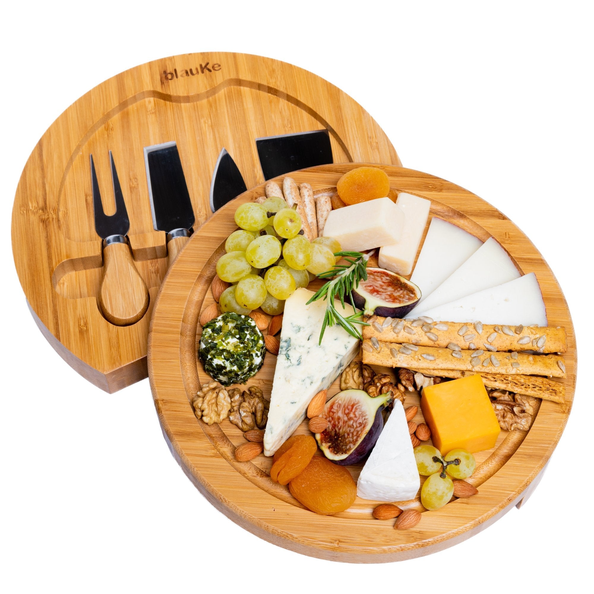 Whacky Wino 10-inch bamboo Swivel Board with slide-out drawer for serving charcuterie and snacks, featuring a sleek, functional design.