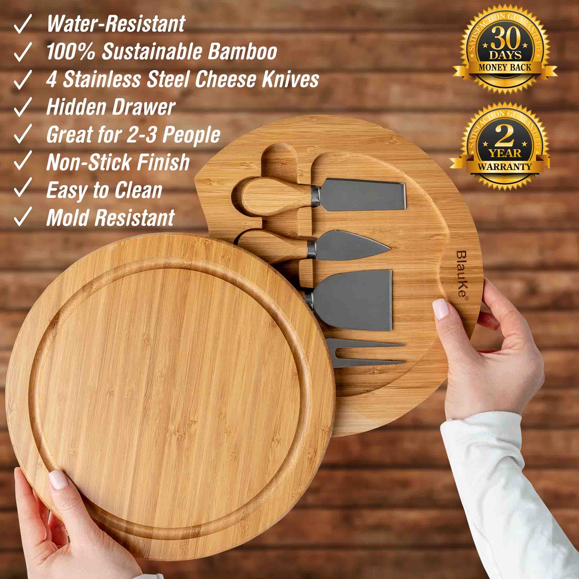 Whacky Wino 10-inch bamboo swivel board with slide-out drawer for charcuterie and cheese presentation.
