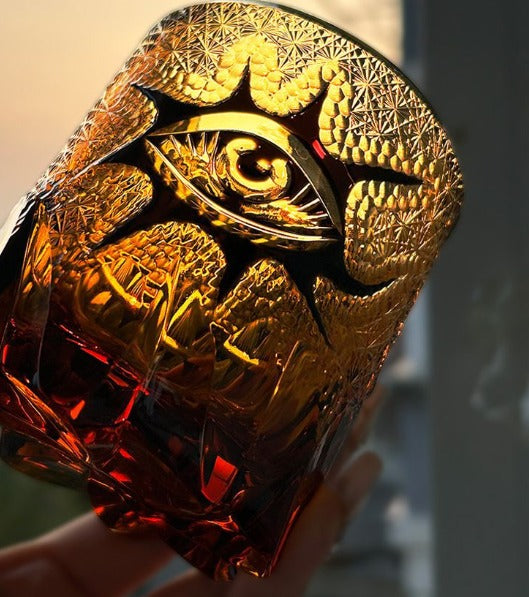 Handmade Crystal God's Eye wine glass by Whacky Wino featuring intricate crystal eye design and elegant stem detail.