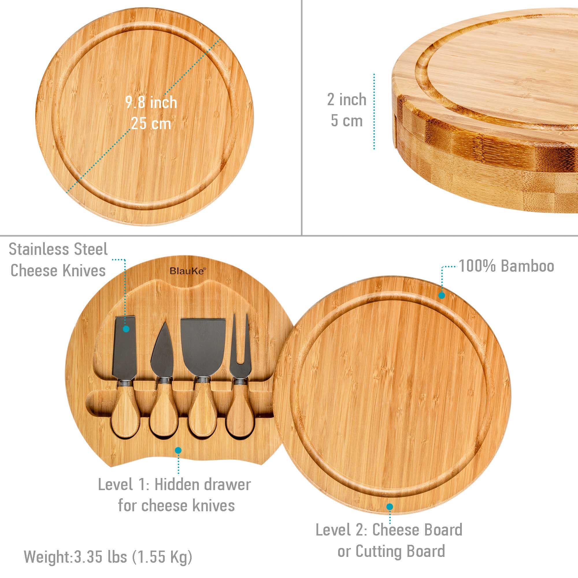 Whacky Wino 10-inch bamboo swivel charcuterie board with slide-out drawer for serving cheese and snacks.