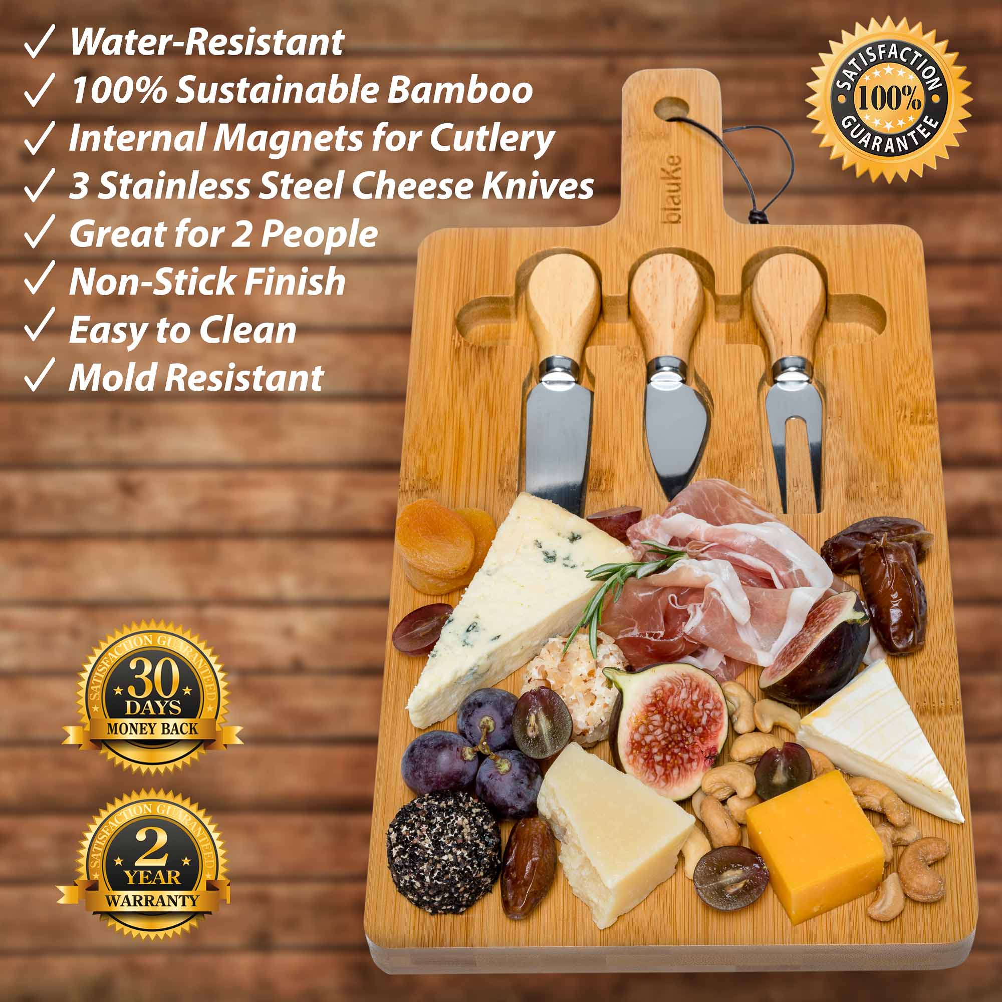 Whacky Wino 12×8" bamboo charcuterie board with magnetic cutlery storage, perfect for serving cheeses and snacks.