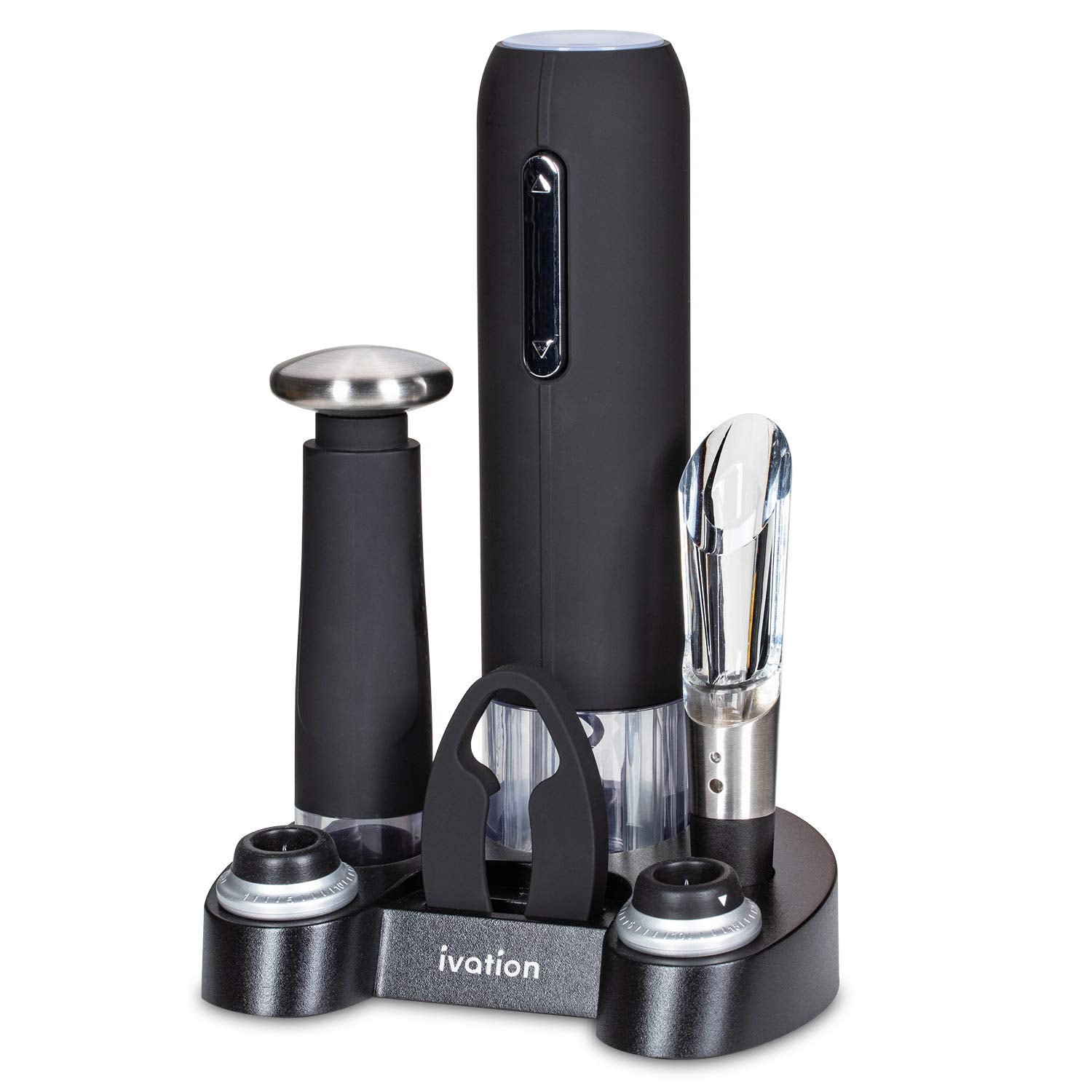 Whacky Wino gift set with electric wine opener, aerator, wine preserver, and accessories on a white background.