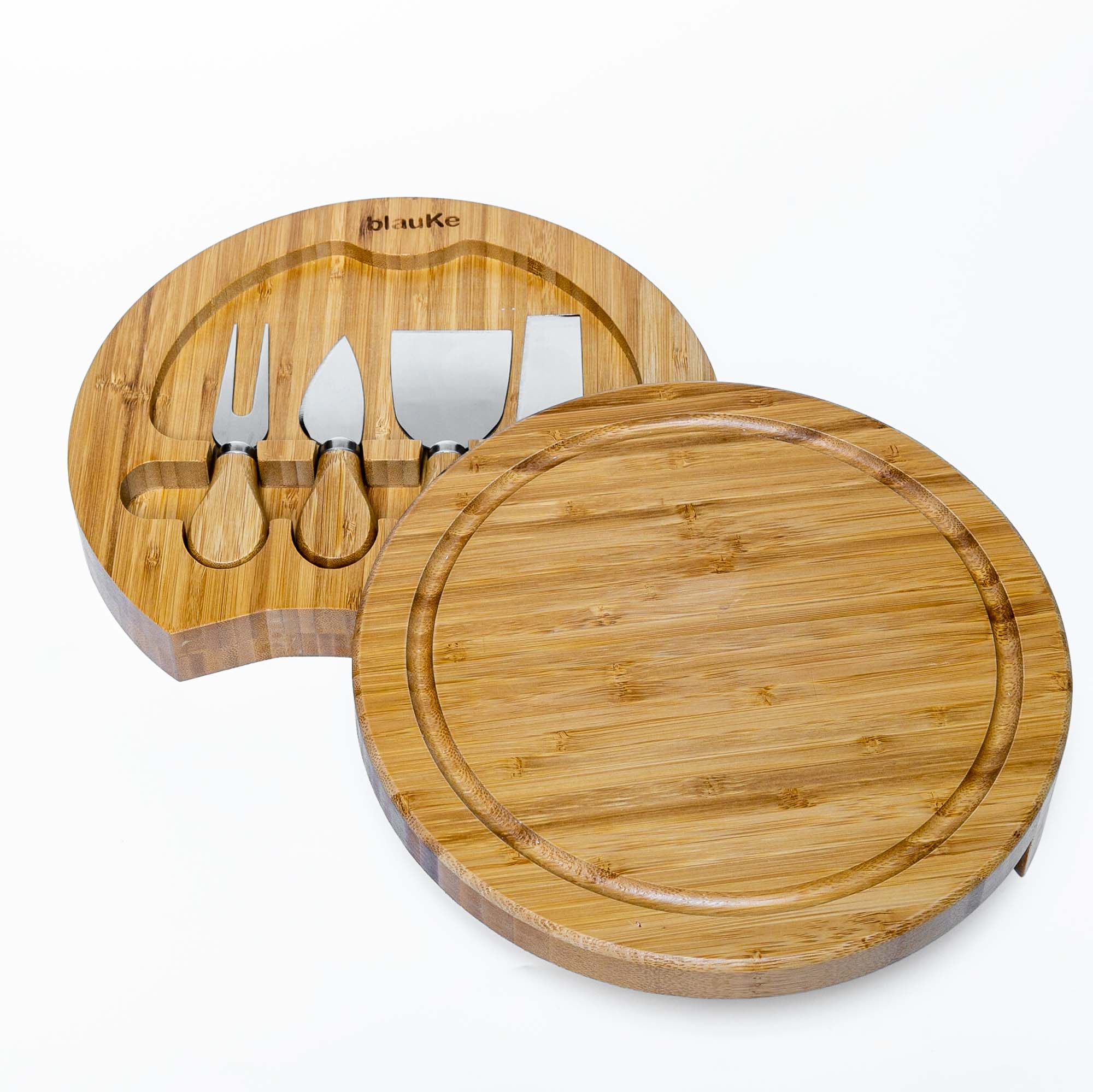 Whacky Wino 10-inch bamboo swivel charcuterie board with slide-out drawer, featuring a smooth surface and built-in serving area.