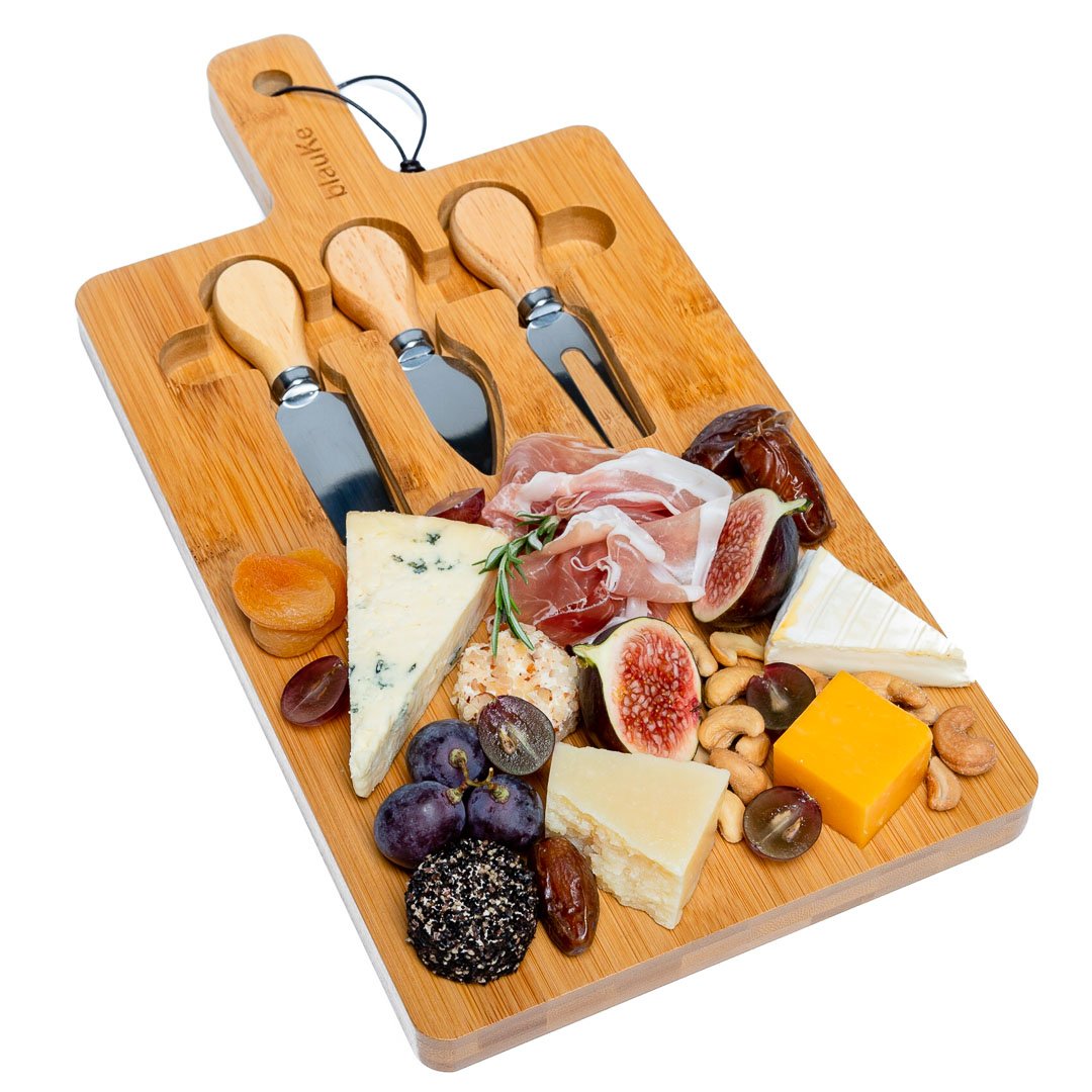 Whacky Wino bamboo charcuterie board measuring 12×8 inches with magnetic cutlery storage and space for cheeses and meats.