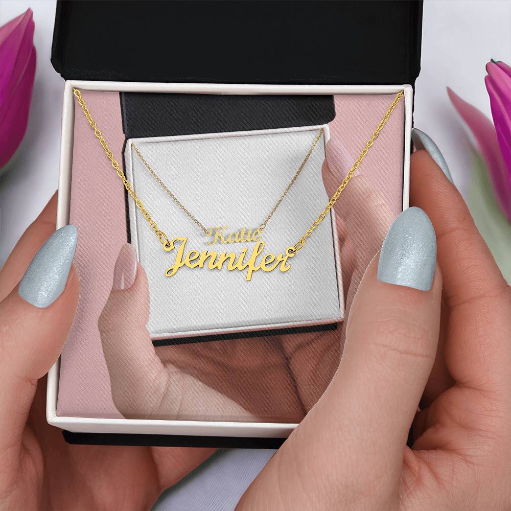 Gold or silver personalized name necklace with cursive script, showcasing a stylish jewelry piece from ShineOn Fulfillment.