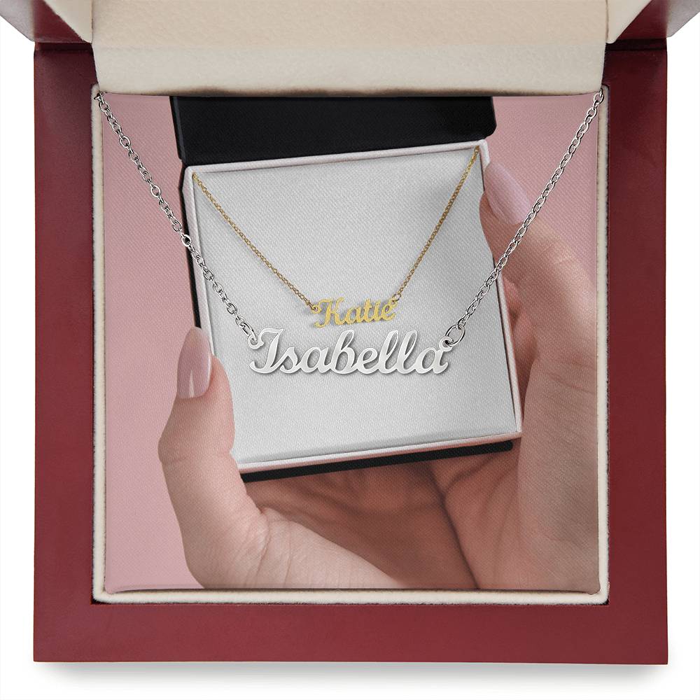 Gold or silver personalized name necklace with cursive script, showcasing elegant jewelry design by ShineOn Fulfillment.