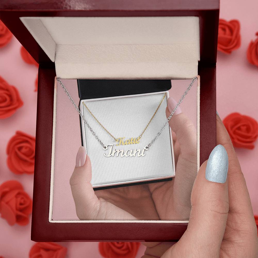 Personalized gold or silver name necklace in cursive script, showcasing elegant jewelry design by ShineOn Fulfillment.