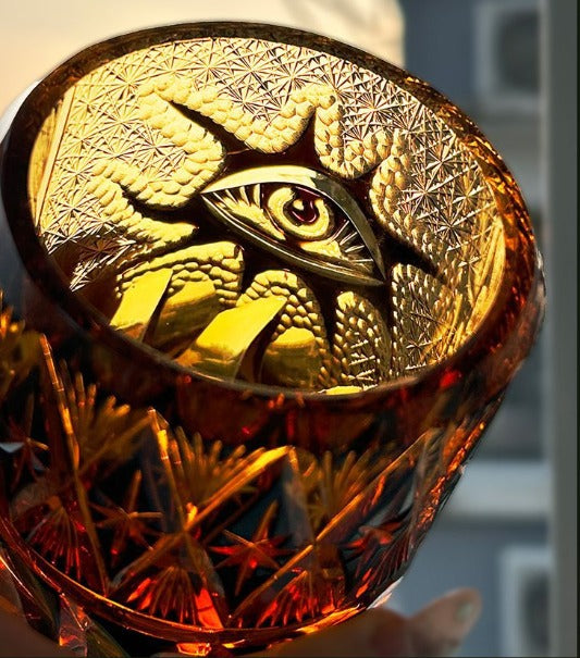 Handmade Crystal God's Eye wine glass by Whacky Wino with intricate crystal eye design and elegant stem.