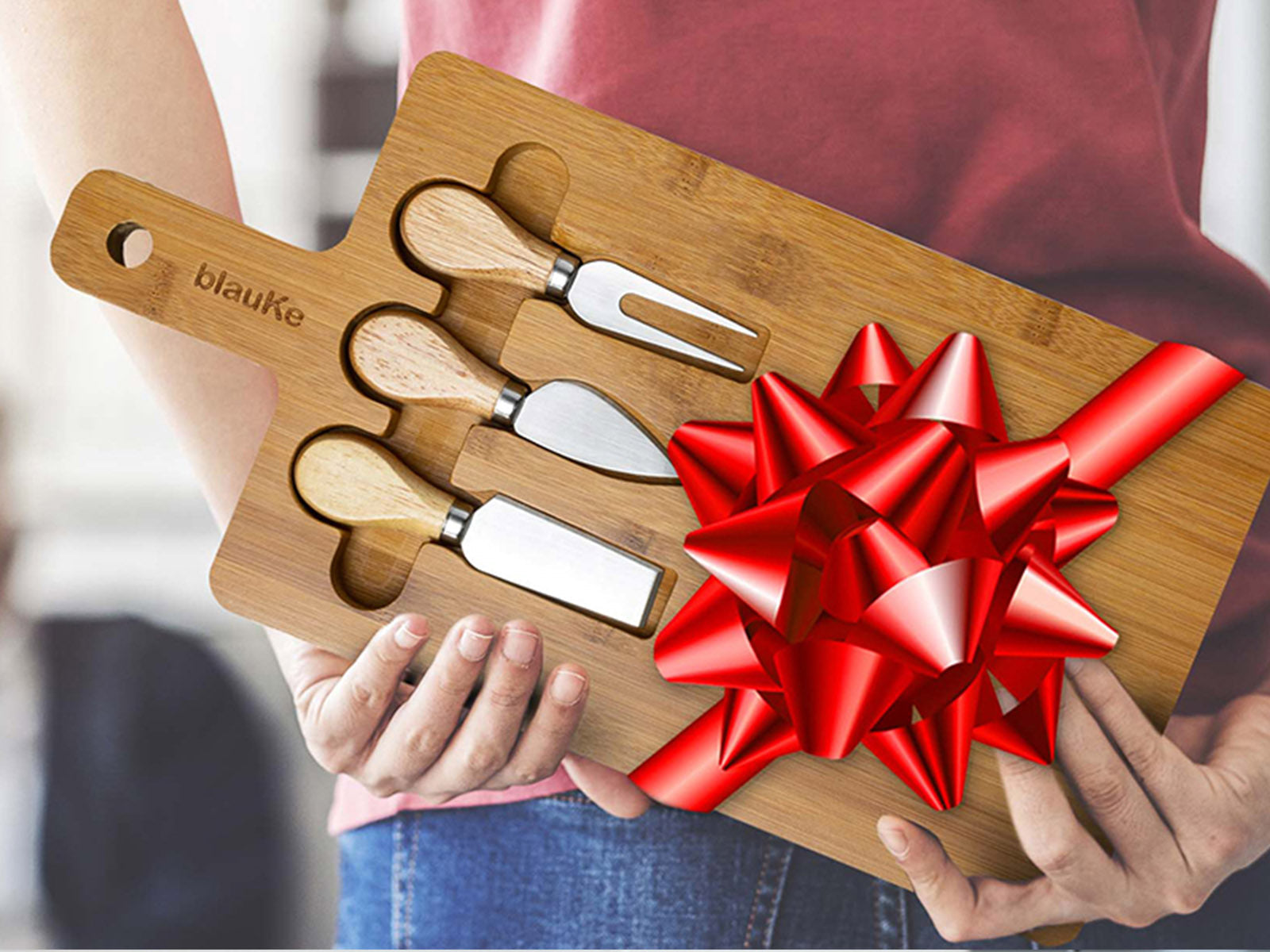 Bamboo charcuterie board with magnetic cutlery storage, 12x8 inches, by Whacky Wino, showcasing a spacious surface for cheese and snacks.