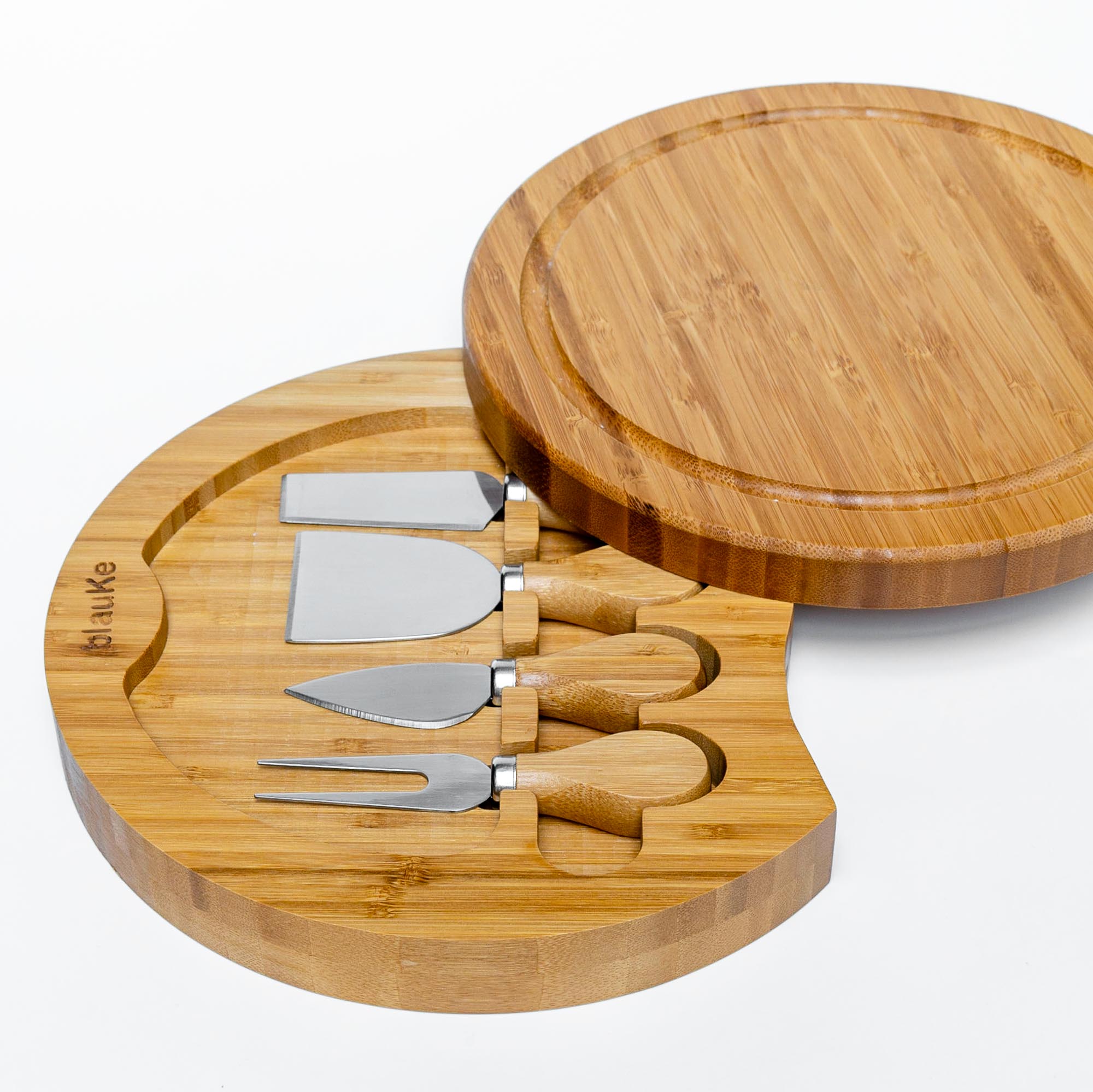 Whacky Wino 10-inch bamboo Swivel Board with slide-out drawer for cheese and charcuterie presentation