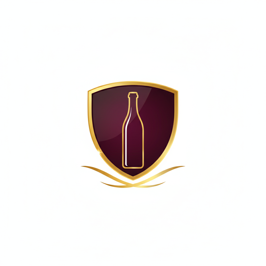 Package Protection shield with wine bottle icon in burgundy and gold